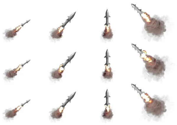 Misiles balísticos que vuelan en el aire aislados sobre fondo blanco - moderno concepto estratégico de armas de cohetes nucleares 12 renders, militar Ilustración 3D — Foto de Stock