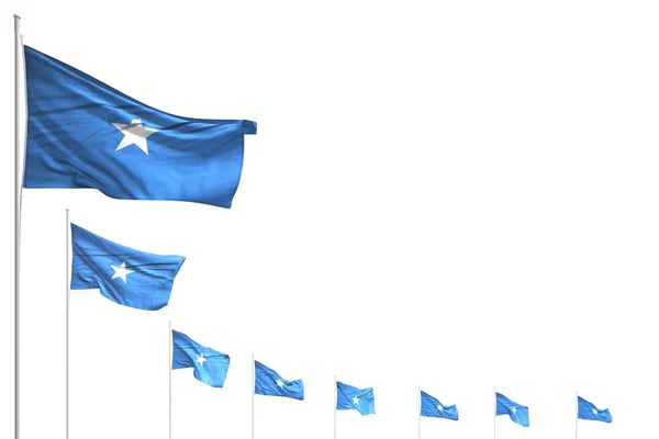 Beau beaucoup de drapeaux somaliens placés en diagonale isolé sur blanc avec place pour le texte - tout drapeau de fête illustration 3D — Photo