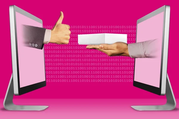 E-handel, två händer från bärbara datorer. tummen upp, som och hand med vit tablett datorlåda. 3D-illustration — Stockfoto