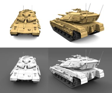 Sarı ve açık gri modern tanklar var olmayan tasarım izole edilmiş, ayrıntılı zafer konsepti - askeri 3d İllüstrasyon