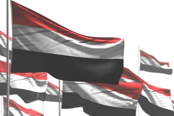 Maravillosas banderas de Yemen muchos ondean aislados en blanco - imagen con enfoque suave - cualquier banquete bandera 3d ilustración —  Fotos de Stock