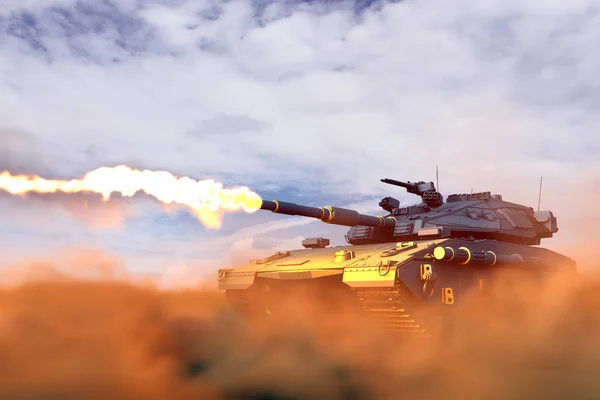 Ciężki czołg o fikcyjnej konstrukcji atakujący pędy na pustyni, bardzo szczegółowa koncepcja walki czołgów - wojskowy 3d Ilustracja — Zdjęcie stockowe