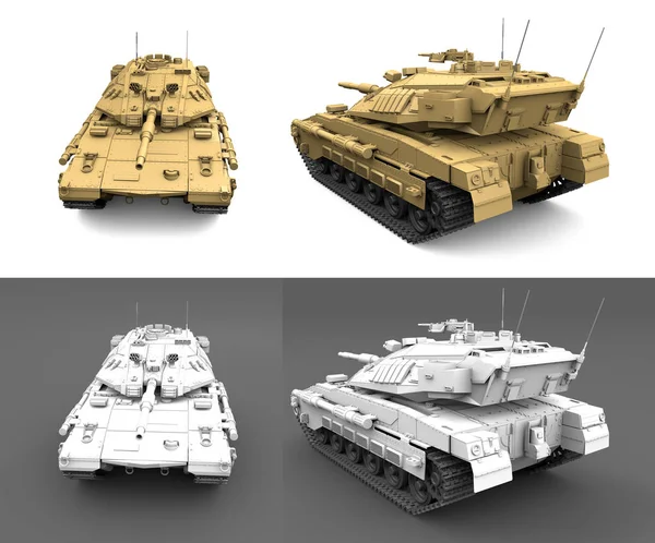 Tanques modernos amarelos e cinza claro com projeto não existente isolado, conceito de vitória detalhada - ilustração militar 3D — Fotografia de Stock