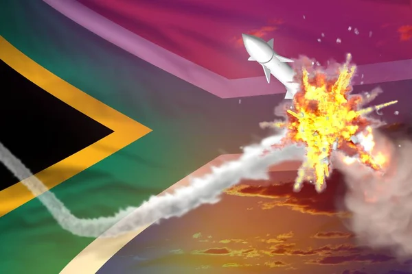 Cohete estratégico destruido en el aire, Sudáfrica concepto de protección de ojiva supersónica - defensa de misiles militar industrial 3D ilustración —  Fotos de Stock