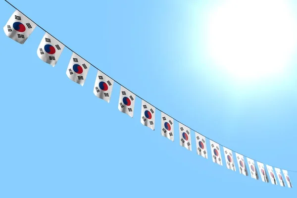 Bonito muchos República de Corea (Corea del Sur) banderas o pancartas colgando diagonal en la cuerda en el fondo del cielo azul con enfoque suave - cualquier bandera de vacaciones 3d ilustración —  Fotos de Stock