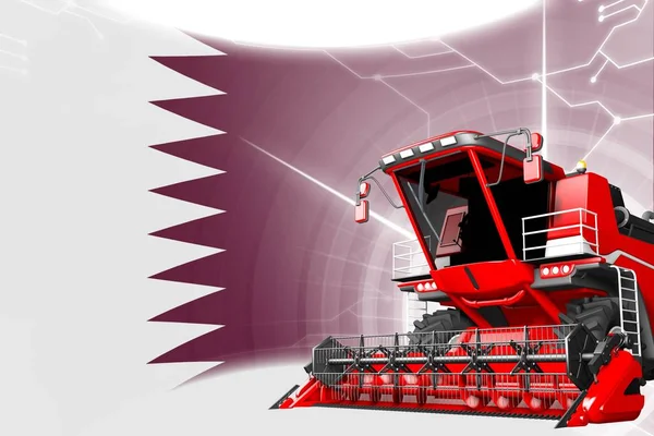 Digital industrial 3D illustration of red advanced rye combine harvester on Qatar flag - agriculture equipment innovation concept