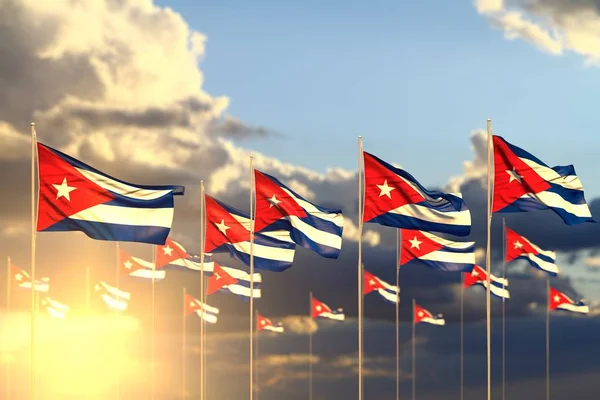 Lindo muchas banderas de Cuba en la puesta del sol colocado en fila con bokeh y espacio para el texto - cualquier celebración bandera 3d ilustración — Foto de Stock