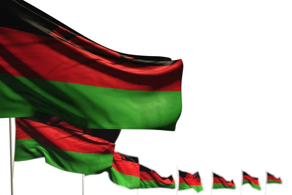 Ziemlich Malawi isolierte Flaggen diagonal platziert, Foto mit selektivem Fokus und Platz für Text - jede Festflagge 3D-Illustration — Stockfoto