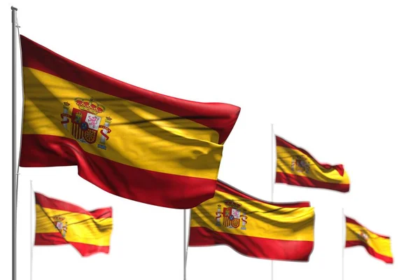 Bonito cinco bandeiras da Espanha estão acenando isolado no branco - foto com foco suave - qualquer bandeira celebração ilustração 3d — Fotografia de Stock