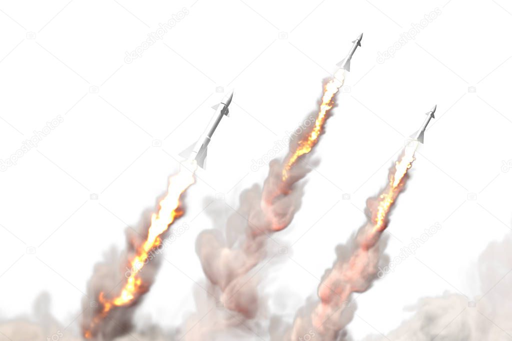 Modern strategic rocket forces concept isolated on white background, nuclear warhead attack - military 3D Illustration