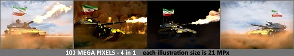 Irán katonai koncepció - 4 részletes kép nehéz tank fiktív design Irán zászló, katonai 3d illusztráció — Stock Fotó