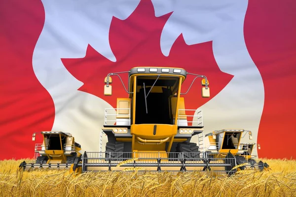 Industrial 3D illustration of 4 orange combine harvesters on farm field with flag background, Canada agriculture concept — Stock Photo, Image