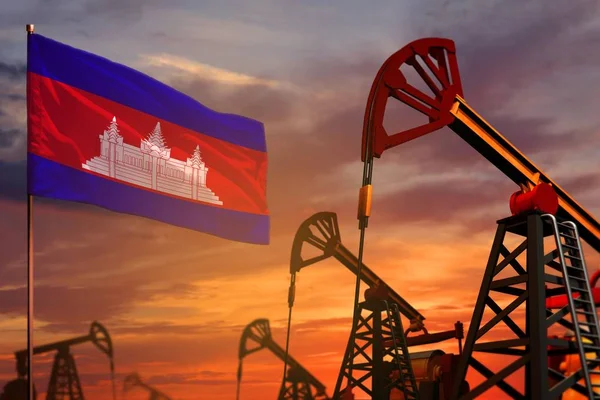 Kambodscha Ölindustrie Konzept. industrielle Illustration - Kambodscha-Flagge und Ölquellen mit rotem und blauem Sonnenuntergang oder Sonnenaufgang - 3D-Illustration — Stockfoto