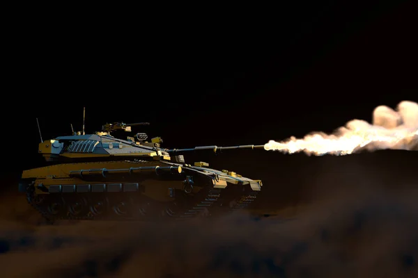 Militar 3D Ilustración de tanque pesado gris aislado con diseño no real en la guerra, concepto de victoria detallada sobre fondo de humo negro — Foto de Stock