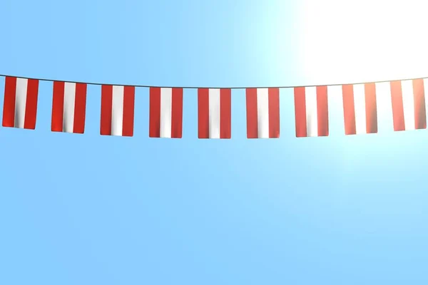Pěkné mnoho rakouských vlajek nebo praporů visí na šňůrce na modrém pozadí oblohy - jakékoliv rekreační vlajky 3d ilustrace — Stock fotografie