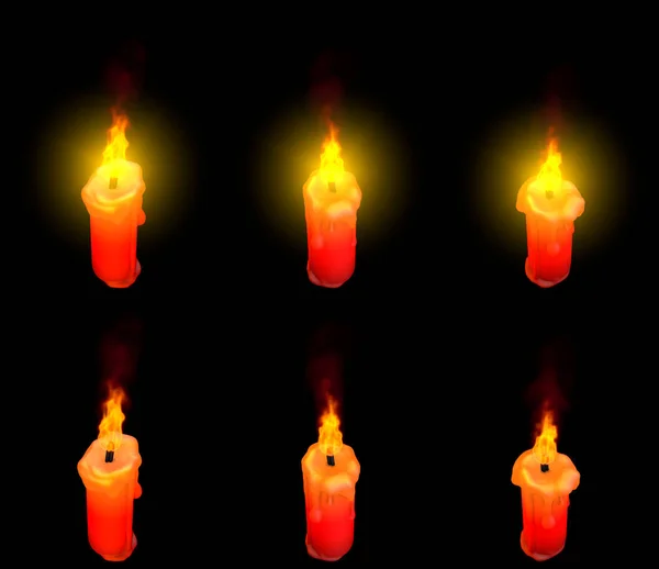 Pretty thin red glowing paraffin candle with and without highlight isolated on black, festive concept - 3D illustration of objects — 图库照片