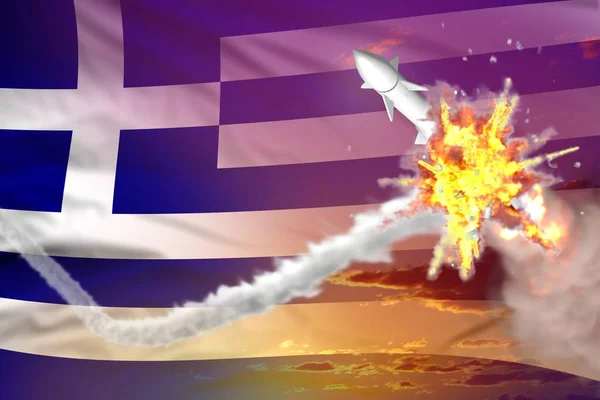 Grecia interceptado misil nuclear, moderno anticohete destruye el concepto de misiles enemigos, militar industrial 3D ilustración con bandera —  Fotos de Stock