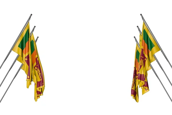 Hermosa muchas banderas de Sri Lanka cuelga en postes diagonales de izquierda y derecha aislados en blanco - cualquier ilustración 3d bandera de vacaciones — Foto de Stock
