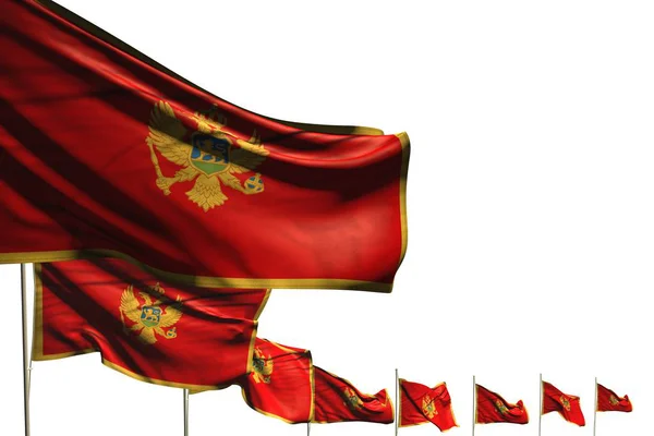 Wonderful many Montenegro flags placed diagonal isolated on white with space for content - any holiday flag 3d illustration — Stock Photo, Image