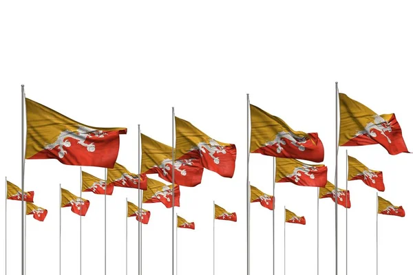 Nice many Bhutan flags in a row isolated on white with empty space for text - any feast flag 3d illustration — ストック写真