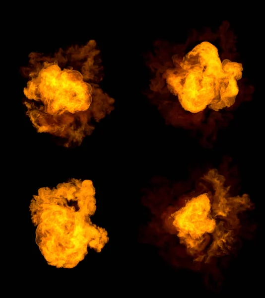 4 különböző képek a tűz robbanás - nagyon nagy felbontású bomba robbanás koncepció elszigetelt fekete, 3D illusztráció tárgyak — Stock Fotó