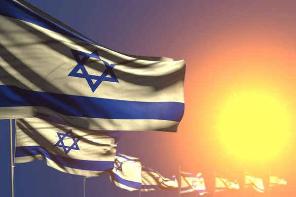 Bonito muitas bandeiras de Israel no pôr do sol colocado diagonal com foco seletivo e espaço para o seu texto - qualquer bandeira de férias ilustração 3d — Fotografia de Stock