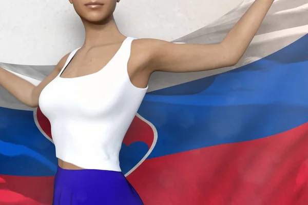 Hermosa chica en falda brillante sostiene la bandera de Eslovaquia en las manos detrás de su espalda sobre el fondo blanco - concepto de la bandera 3d ilustración —  Fotos de Stock