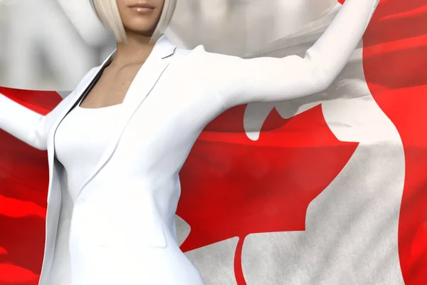 Pretty business lady holds Canada flag in hands behind her back on the office building background - flag concept 3d illustration — Stock Photo, Image