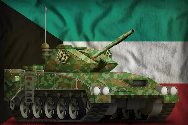 Lichte tank apc met zomer camouflage op de Koeweit nationale vlag achtergrond. 3d Illustratie — Stockfoto