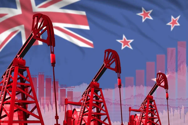Olajkutak ipari illusztrációja - Új-zélandi olajipari koncepció lobogó hátterében. 3d illusztráció — Stock Fotó