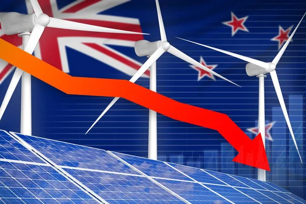 Új-Zéland nap- és szélenergia-csökkentő diagram, nyíl le - környezeti természeti energia ipari illusztráció. 3d illusztráció — Stock Fotó