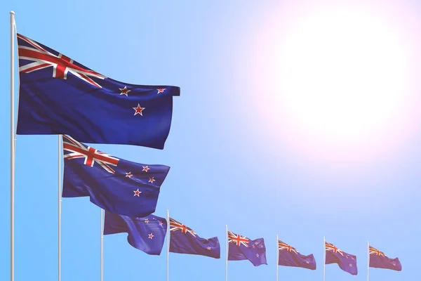 Pretty many New Zealand flags placed diagonal on blue sky with place for your content - any occasion flag 3d illustration — ストック写真