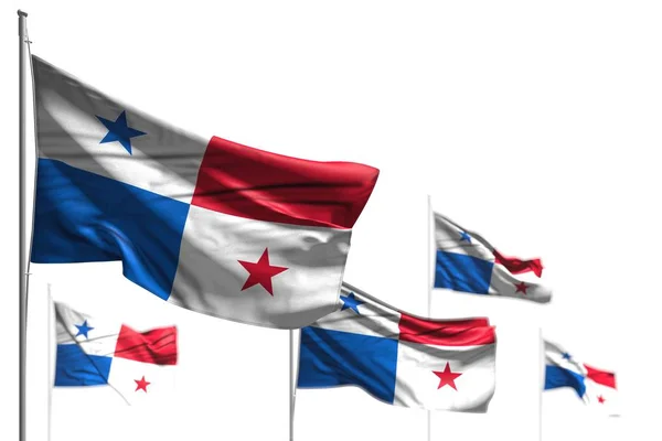 Bonitas cinco banderas de Panamá ondean aisladas en blanco - foto con enfoque selectivo - cualquier celebración bandera 3d ilustración — Foto de Stock