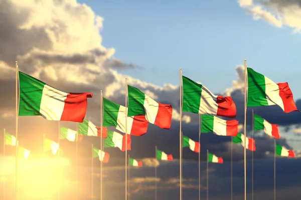 Beautiful many Italy flags on sunset placed in row with selective focus and space for text - any feast flag 3d illustration — Stock Photo, Image