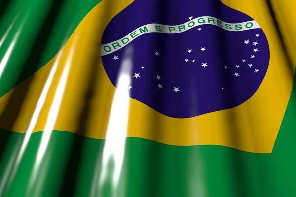 Lindo brillante - se parece a la bandera de plástico de Brasil con grandes pliegues ponen diagonal - cualquier fiesta bandera 3d ilustración — Foto de Stock