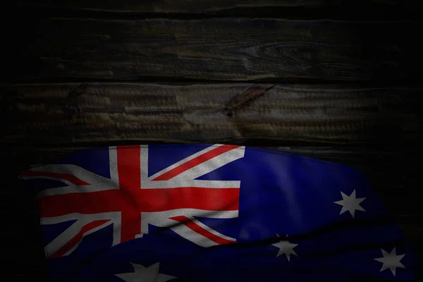 Pretty dark illustration of Australia flag with large folds on old wood with free place for text - any feast flag 3d illustration — Stock Photo, Image