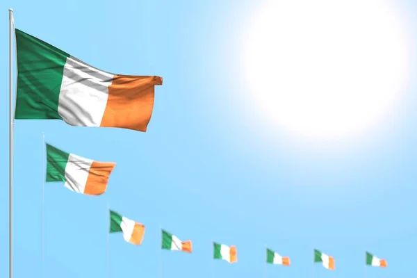 Pretty many Ireland flags placed diagonal with soft focus and free space for text - any occasion flag 3d illustration — Stock Photo, Image