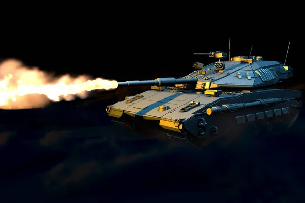 Militar 3D Ilustración de tanque gris aislado del ejército con diseño ficticio atacando, concepto patriótico detallado sobre fondo de humo negro — Foto de Stock