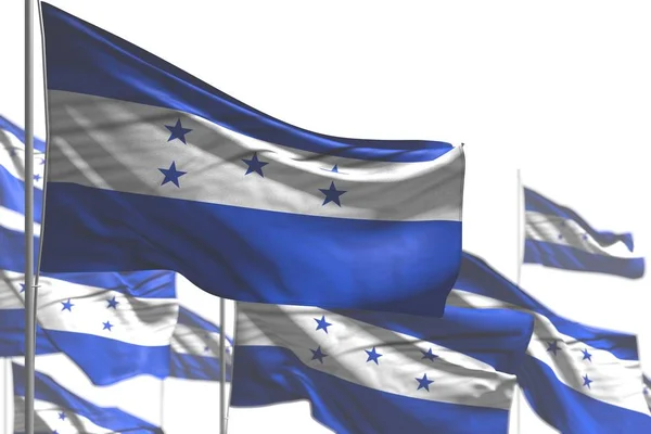 Wunderbare viele honduras Fahnen wehen isoliert auf weiß - Foto mit Bokeh - jeder Gelegenheit Flagge 3d Illustration — Stockfoto