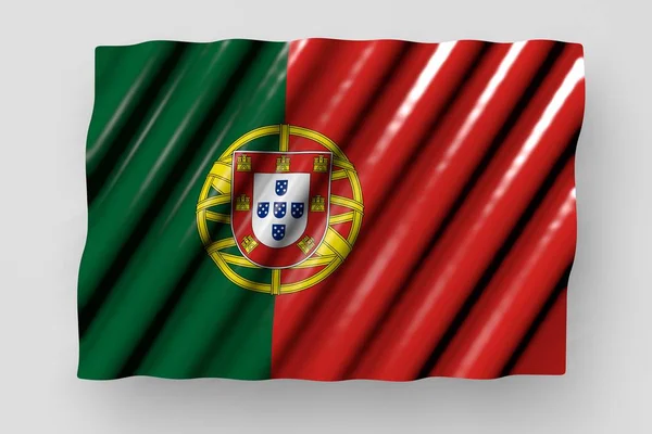 Piękna błyszcząca flaga Portugalii z dużymi fałdami leżącymi płasko na szarości - każda okazja flaga 3d ilustracja — Zdjęcie stockowe