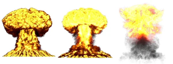 3D ilustrace exploze-3 velké velmi vysoké detailní fáze, exploze atomového shluku atomové bomby s kouřovým a ohněm izolovaným na bílém — Stock fotografie