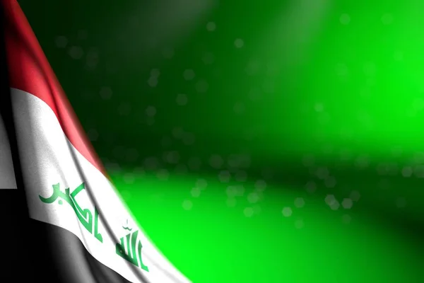Nice photo of Iraq flag hanging diagonal on green with soft focus and empty place for your content - any holiday flag 3d illustration — ストック写真