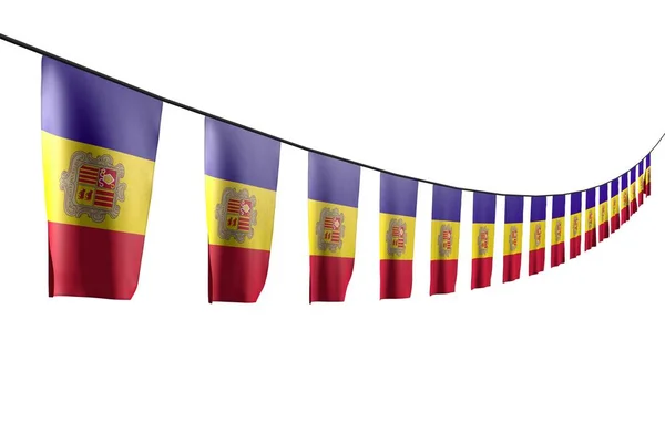 Bastantes banderas de Andorra o pancartas cuelga diagonal con vista de perspectiva en cuerda aislada en blanco - cualquier celebración bandera 3d ilustración — Foto de Stock