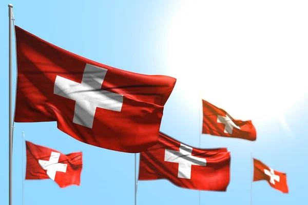 Wonderful 5 flags of Switzerland are wave against blue sky illustration with bokeh - any celebration flag 3d illustration — 스톡 사진