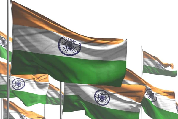 美丽的，美丽的许多印度国旗在白色上飘扬- -在任何场合，国旗都是三维插图 — 图库照片