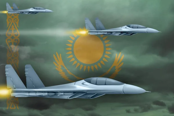 哈萨克斯坦空军打击的概念。 空军飞机攻击哈萨克斯坦国旗背景。 3d说明 — 图库照片