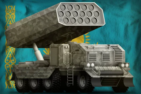 Rocket artillery, missile launcher with grey camouflage on the Kazakhstan national flag background. 3d Illustration — ストック写真