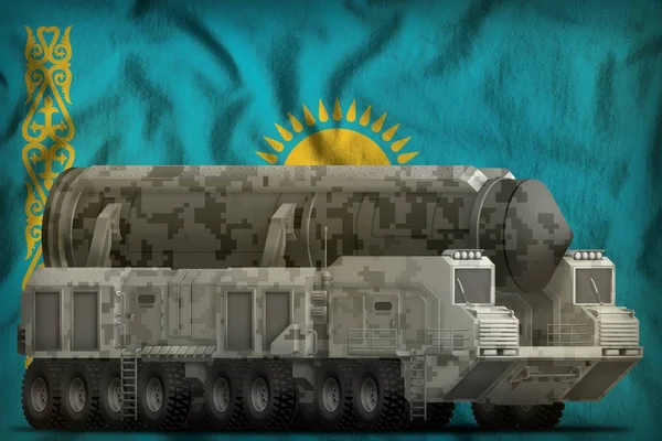 Intercontinental ballistic missile with city camouflage on the Kazakhstan national flag background. 3d Illustration — ストック写真