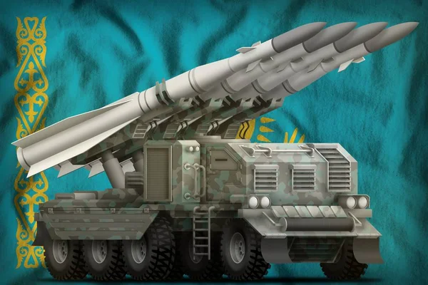 Missile balistique tactique à courte portée avec camouflage arctique sur le fond du drapeau national du Kazakhstan. Illustration 3d — Photo