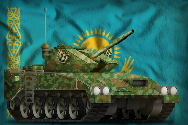 Apc tanque ligero con camuflaje de verano en el fondo de la bandera nacional de Kazajstán. Ilustración 3d — Foto de Stock